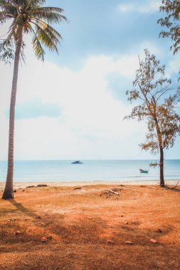 Okyanusta balıkçı teknesi ve Vietnam 'da terk edilmiş bir sahil.