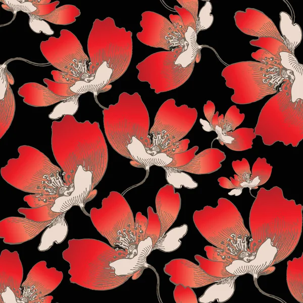 白地に赤いバラのシームレスなパターン — ストックベクタ