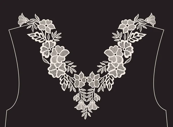 Neck Embroidery Design Lace Print Vector Black Background — Stock Vector