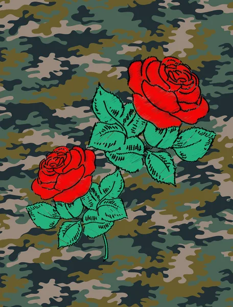 Verschönerte Rosen Blumen Auf Camouflage Muster Mode Trendiger Shirt Print — Stockvektor