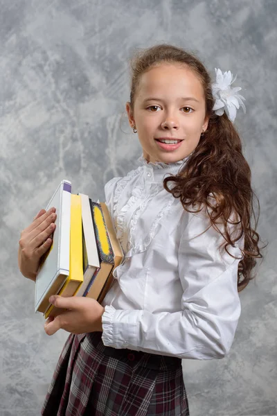 Schoolgirl School Uniform Books Textbooks Poses Light Gray Background Back — Stock Photo, Image