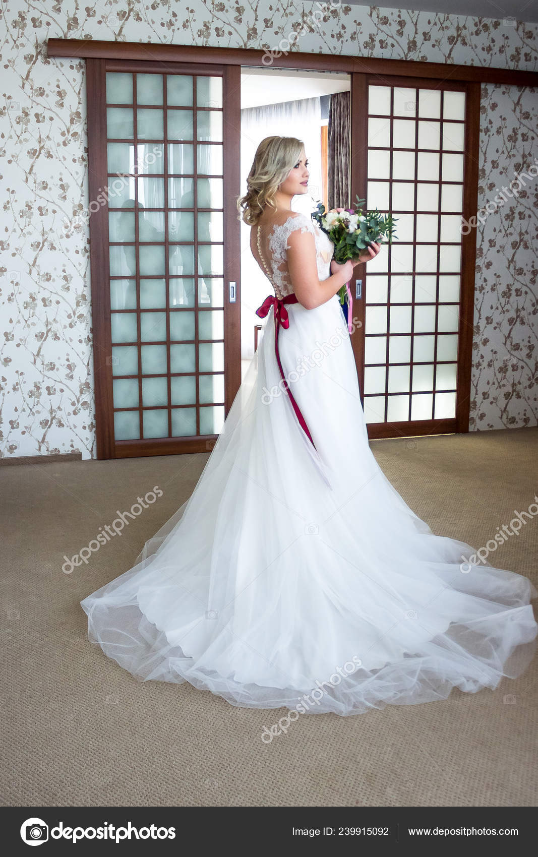 Beautiful Young Girl Makeup Hairdo Stands Hotel Room Wedding Dress