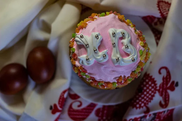 Easter cake with Russian letters - Christ is Risen. Traditionally decorated with letters.