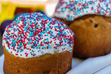 Paskalya kek ve yumurta, geleneksel tatil tasarım. Üstten Görünüm. Gıda arka plan