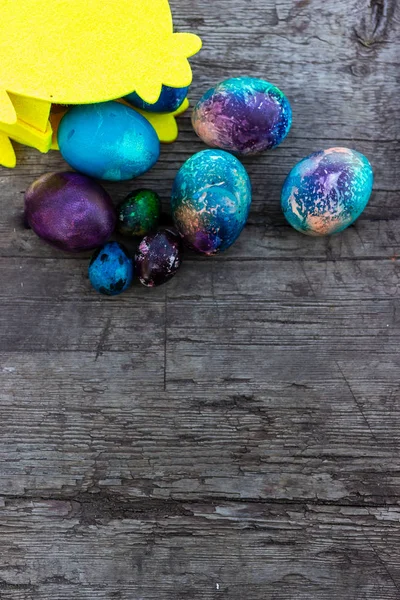 Decorated Easter Eggs Wooden Background Top View — Stock Photo, Image