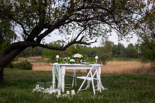 La mesa de bodas servida en los campos dorados del verano . — Foto de Stock