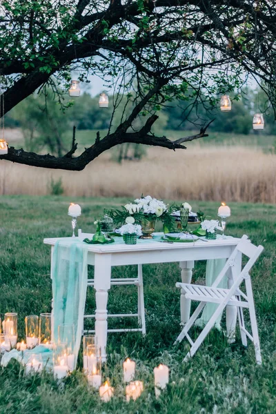 Ceremonia de boda por la noche con una alfombra y muchas lámparas vintage y velas en el árbol grande. Estilo rústico — Foto de Stock