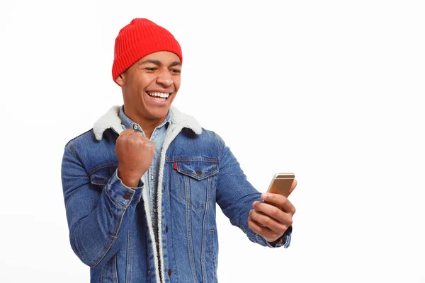 Excited man with smartphone win — Stock Photo, Image