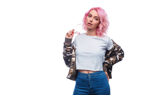 Stylish hipster woman with pink hairstyle