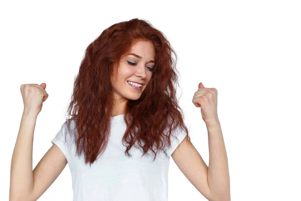 Woman with closed eyes celebrating success — Stock Photo, Image