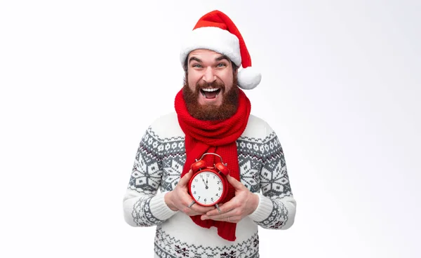 Bearded man with clock five to twelfe — Stock Photo, Image