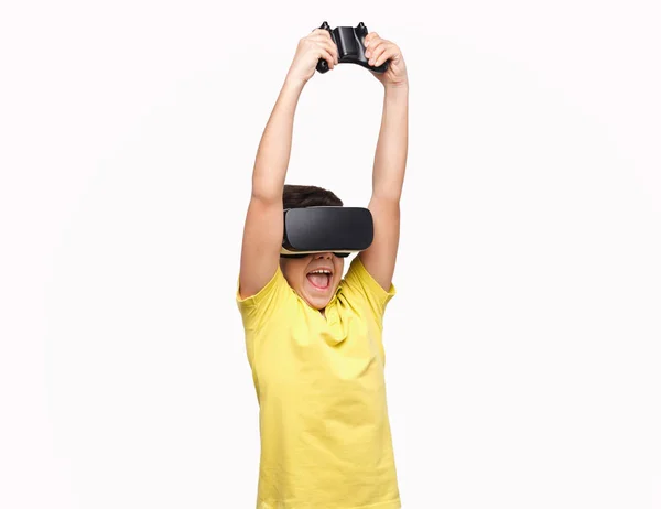 Boy in VR headset playing game — Stock Photo, Image