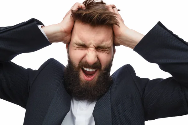 Homem de negócios gritando em estresse com as mãos na cabeça — Fotografia de Stock