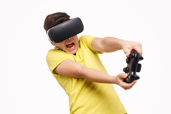 Vr 게임 컨트롤러와 재미 있는 소년 — 스톡 사진