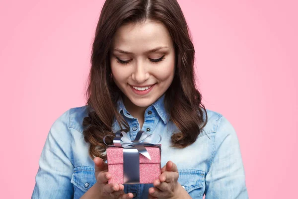 Cute female with small present — Stock Photo, Image