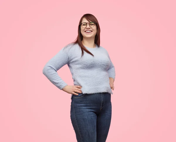 Laughing plumpy girl in glasses — Stock Photo, Image