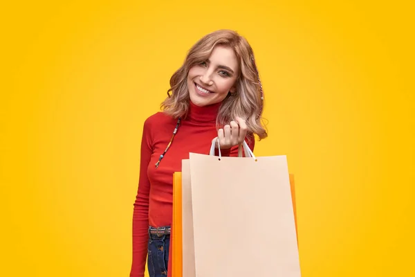 Mujer sonriente con bolsas de papel — Foto de Stock