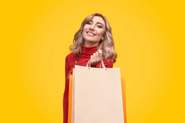 Donna sorridente con mazzo di sacchetti di carta — Foto Stock