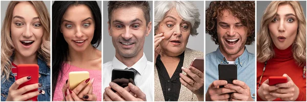 Diverse surprised people with smartphones — Stock Photo, Image