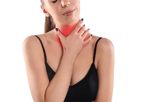 Cortar fêmea tocando dor de garganta — Fotografia de Stock