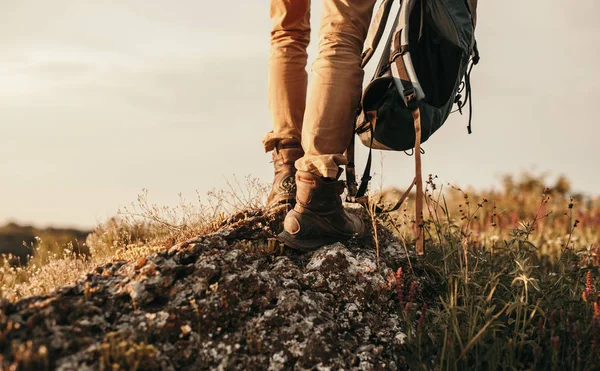 Viajante de plantação em pé sobre pedra na natureza — Fotografia de Stock