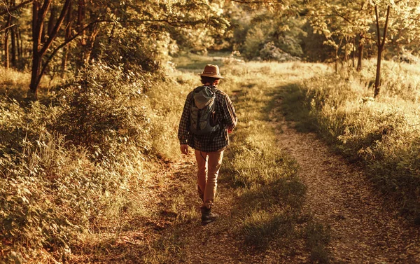 Anónimo turista caminando cerca del bosque — Foto de Stock