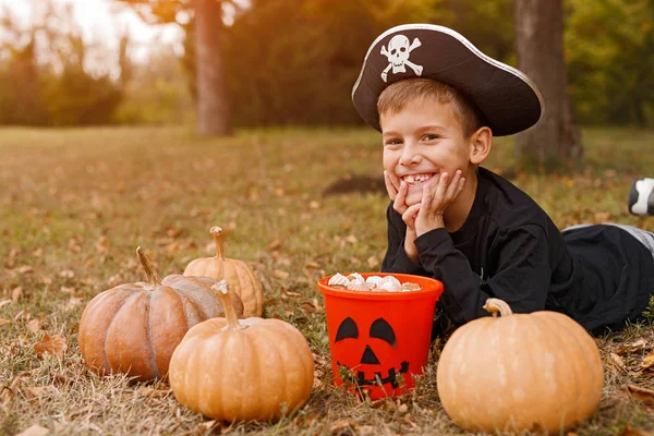 Happy boy with pumpkins and candies lying on grass — Stock Photo, Image