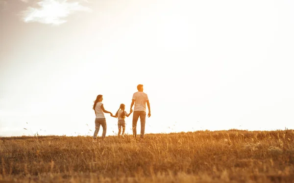 Familie op wandeling in het veld hand in hand — Stockfoto