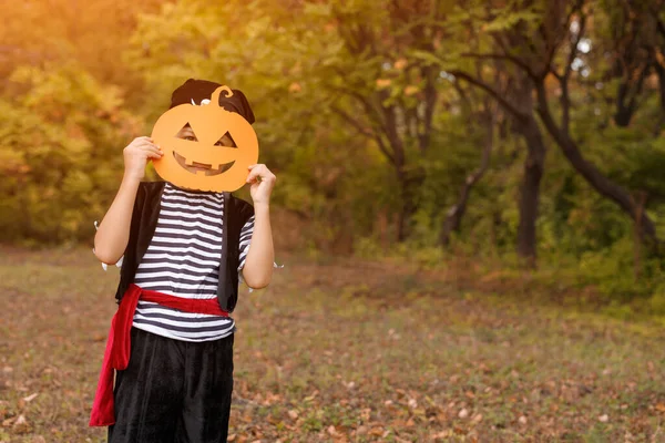 Kleine jongen in Halloween kostuum staande in de herfst bos — Stockfoto