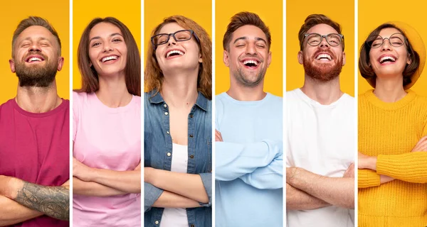 Glada män och kvinnor skrattar med korsade armar — Stockfoto
