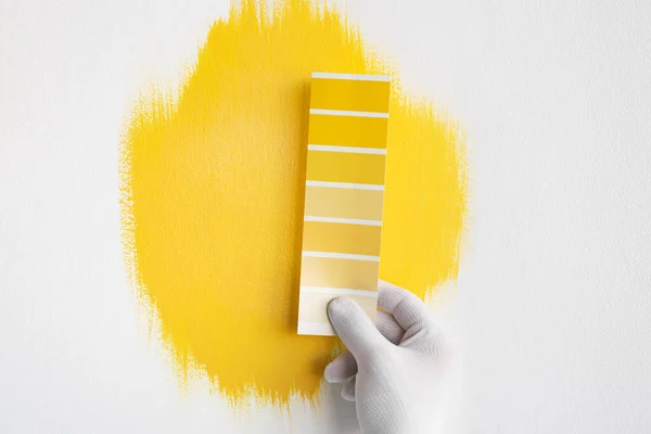 壁の色を選択する黄色のパレットを持つデザイナー — ストック写真