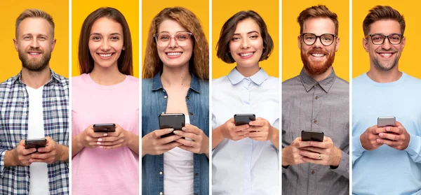 Cheerful young people using smartphones — Stock Photo, Image