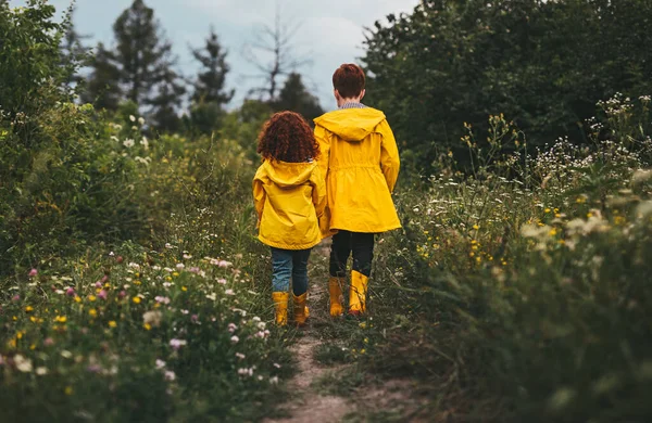 Little siblings walking in forest — Stock Photo, Image