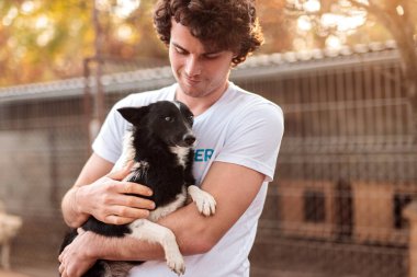 Erkek gönüllü köpek barınağında sarılıyor.