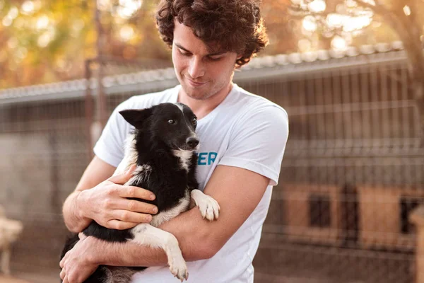 Male volunteer hugging dog in shelter — Stock Photo, Image