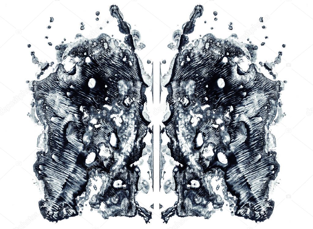 Rorschach test isolated on white illustration, random abstract blue background. Psycho diagnostic inkblot test.