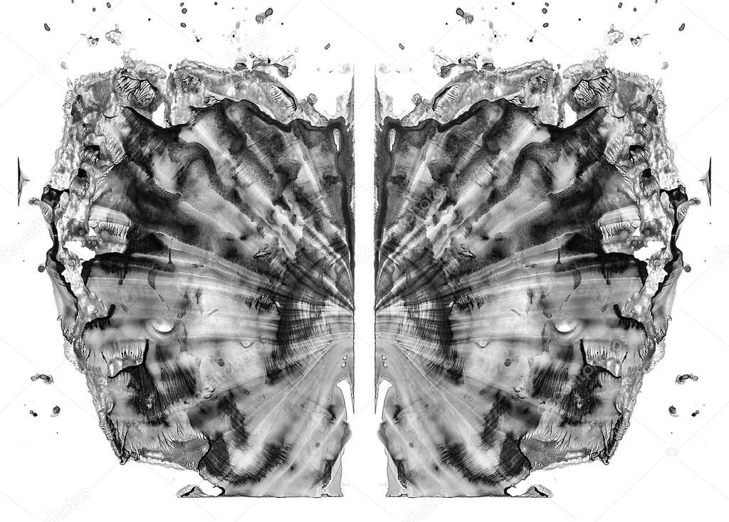 Rorschach test isolated on white illustration, random abstract black and white background. Psycho diagnostic inkblot test.