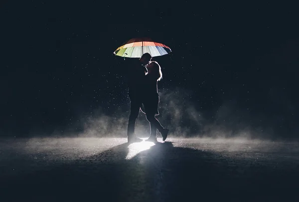 lovers under at colorful umbrella in the rain at night.