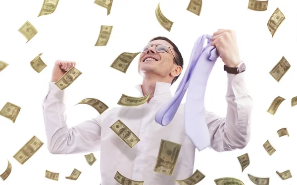 Feliz Hombre Negocios Buscando Dinero Que Cae —  Fotos de Stock