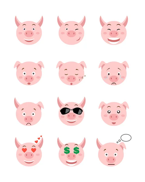 Cartoon pig emotions set. Smiling, bored, enamored, sleepy, sad and other pig's emotions  collection. Set expressions avatar