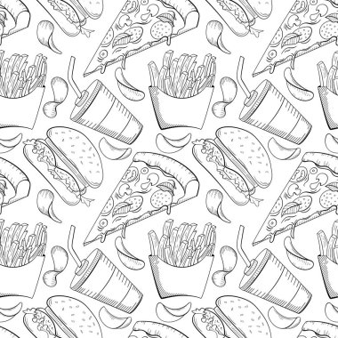Elle çizilmiş fast food tarzı arka plan doodle. 