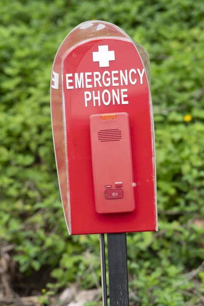 Red emergency phone or safety call box near swimming pool nature background