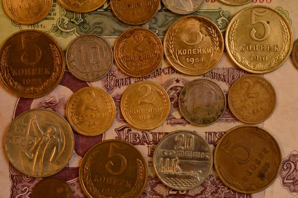 Монети Радянської Копійка Від 1926 Року 1988 Року Тлі Папір — стокове фото