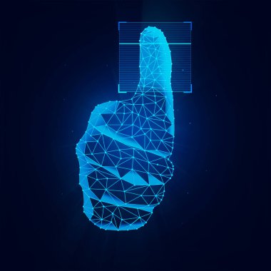 Parlayan parçacıklar ve başparmak şekilli gelecekçi teknoloji biyometrik doğrulama konsepti. Parmak tarama teknolojisi arkaplanı