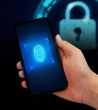 Güvenli ve Güvenli Biyometrik, el ve kilit ile mobil konsept arkaplan. Mobil ekranda, arkaplanda parlayan başparmak izi