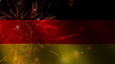 Alman Birleşme Günü konsepti, sallanan bayrak ve havai fişeklerle 4k animasyon. Vatanseverlik gününü kutluyoruz, Almanya.