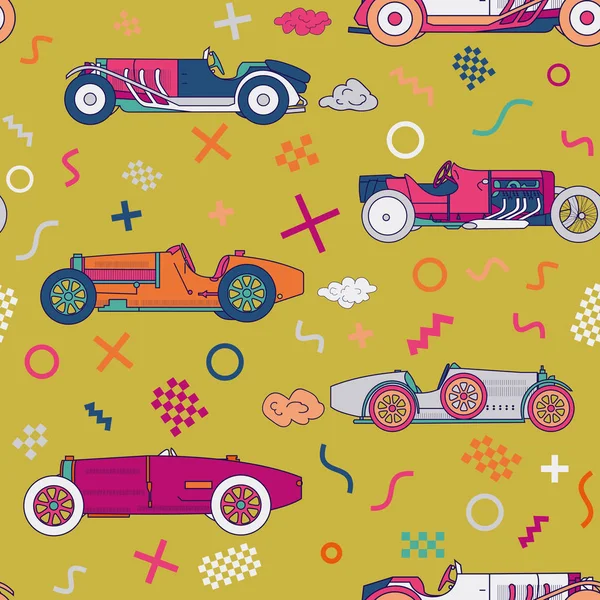 Vector race retro sport car seamless pattern. Vintage automobiles isolated on white background. Memphis Style Pattern.