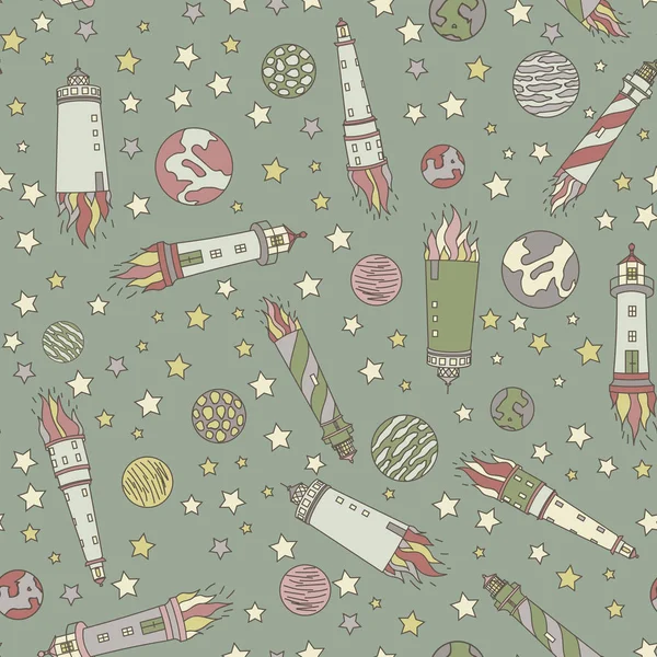 seamless pattern for journey to space with sketch stars, rocket, comets and planets, vector illustration. Lighthouses in space. Beacon-rockets. child s illustration. Sea-space pattern.