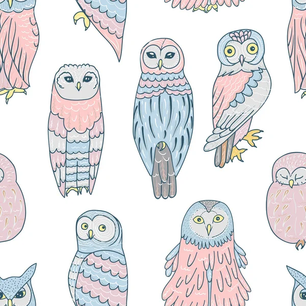 Cute owls. Vector seamless pattern with hand drawn flat birds. Colorful owl with white doodle ornament. Nice background for babies. Pastel colors backdrop