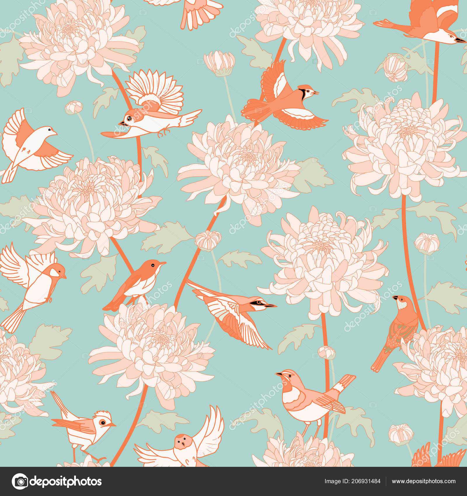 Floral Background Birds Chrysanthemums Vintage Pattern Japanese National Flowers Chrysanthemum Stock Vector Image By C Deathvoice 206931484